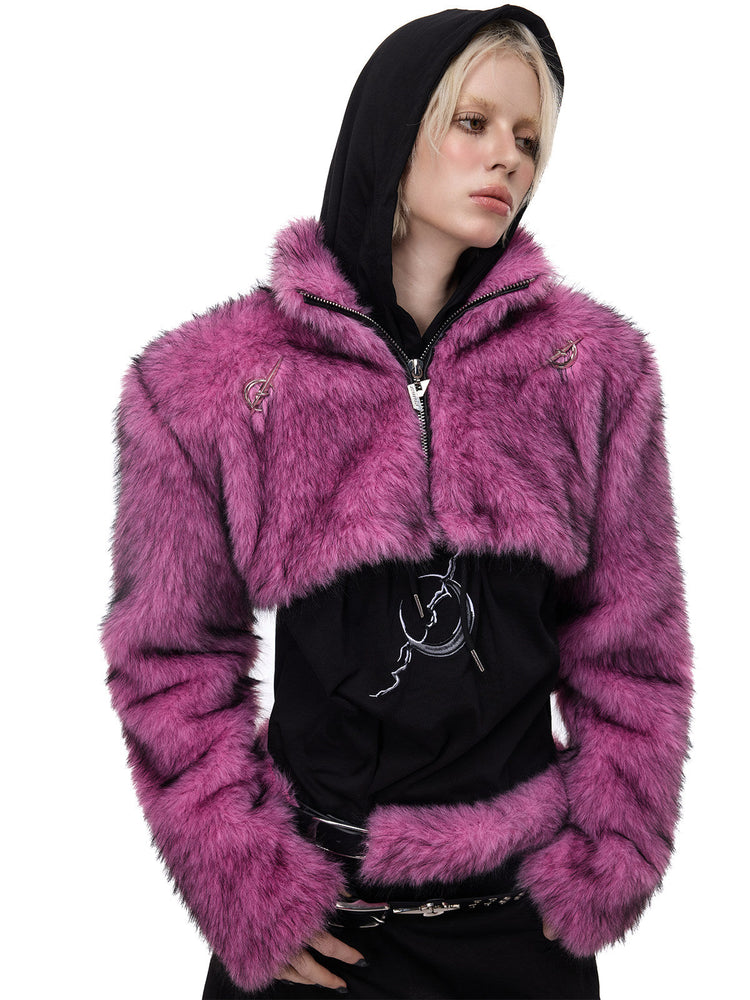 PINKSPINK ELECTRIC MOON gradient faux-fur cropped jacket — three-quarter modeled view with a black hood and hands at the waist