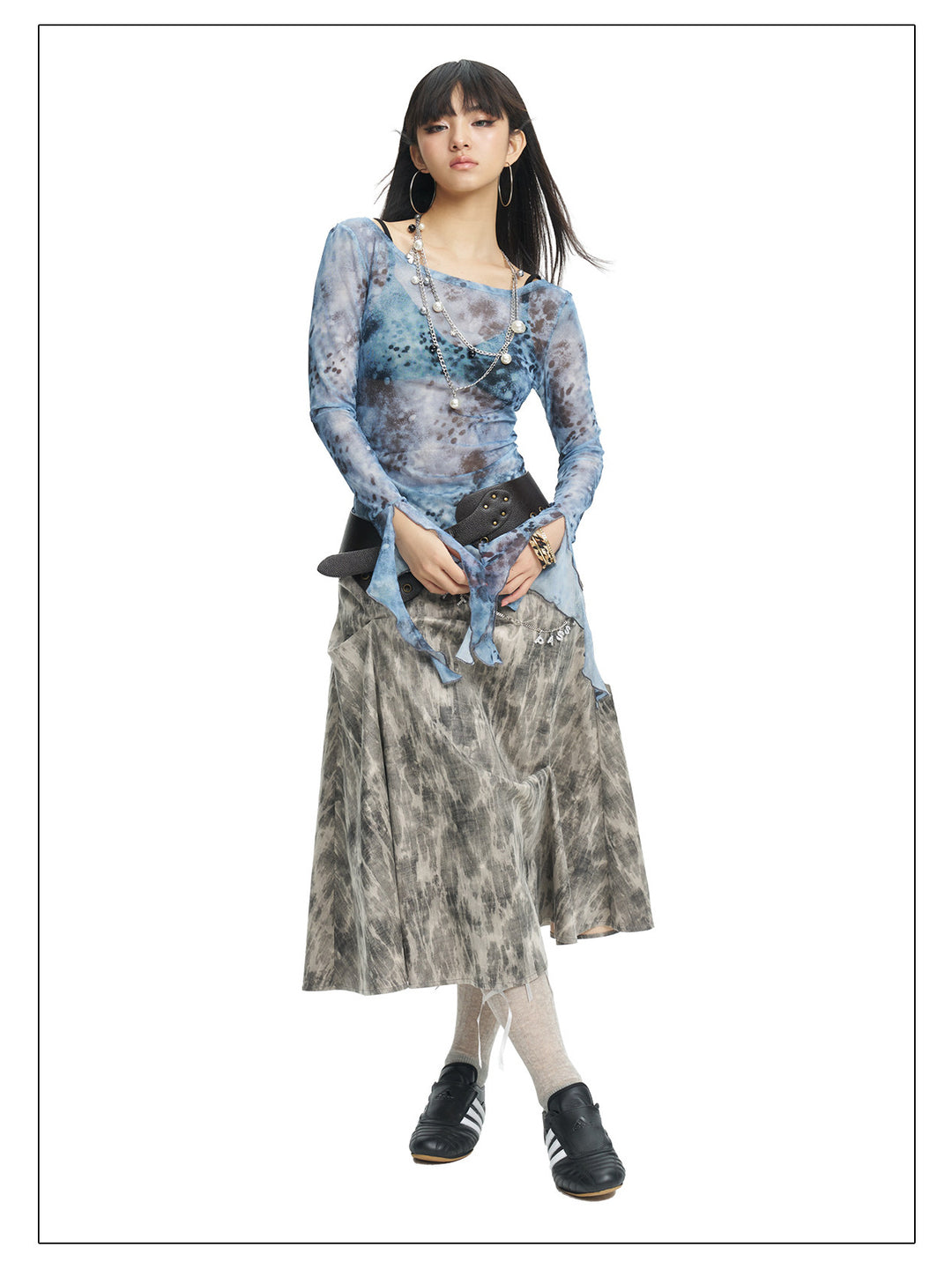 NEXT PASSPORT blue-gray printed mesh asymmetric long-sleeve top, photo 9