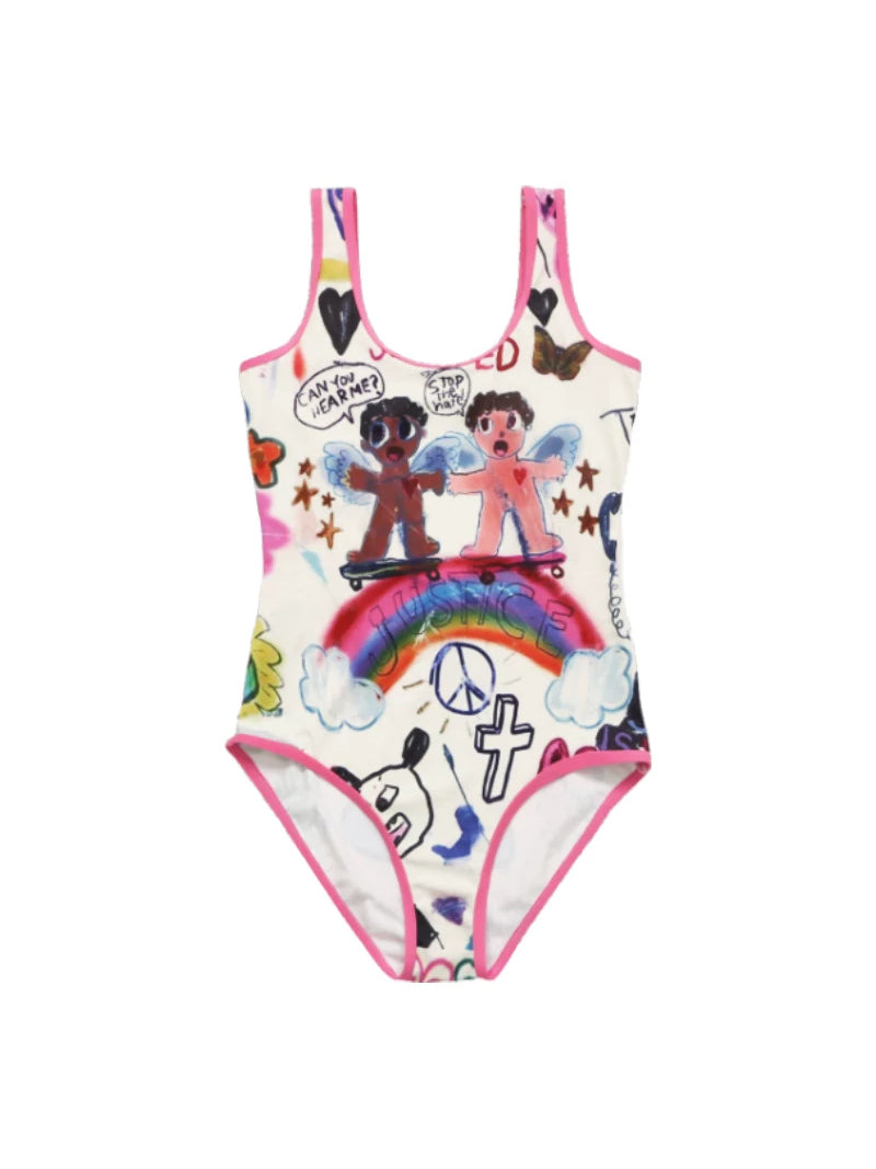 NEXT PASSPORT HOT SPRING graphic swimsuit — garment-only front view with pink binding and multicolor print.