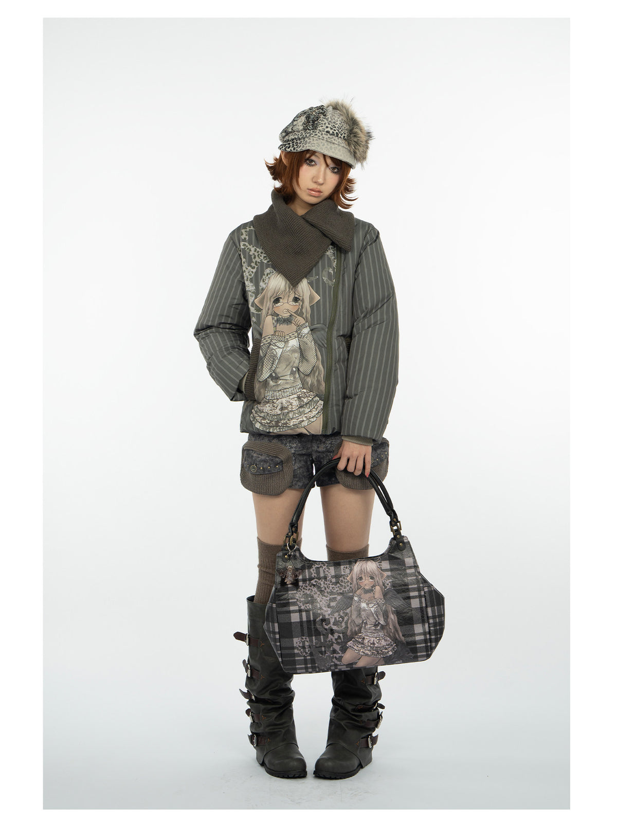 4RE1GN MYSTIC STAR knit-pocket corduroy shorts in gray black — full-length modeled view styled with a striped graphic down jacket