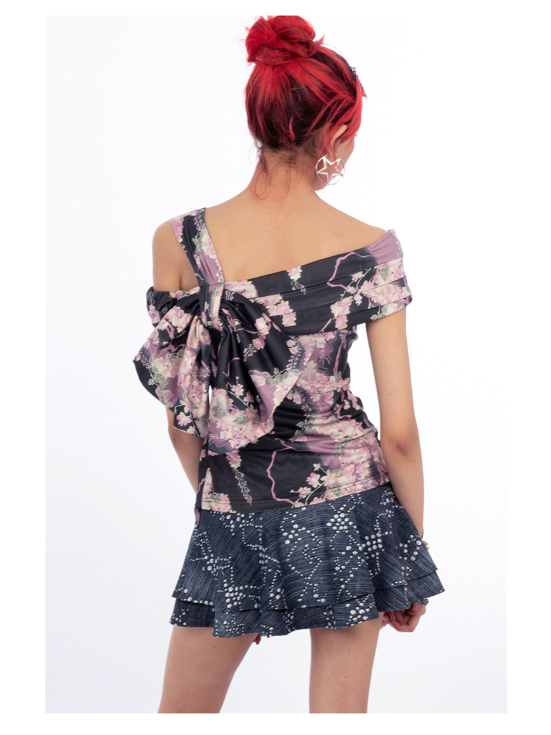 4RE1GN JEWEL denim-print lace mini skirt in black multicolor — back modeled view showing the layered hem