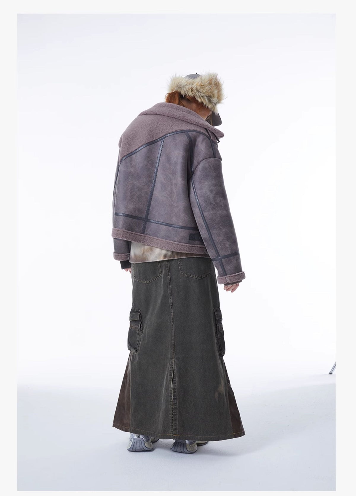 ERRORCODE ROBOT gray-purple paneled faux-shearling jacket, full-length back modeled view