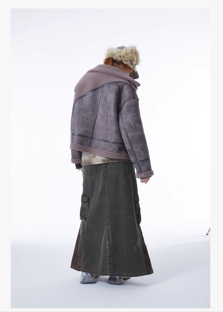 ERRORCODE ROBOT gray-purple paneled faux-shearling jacket, full-length back modeled view