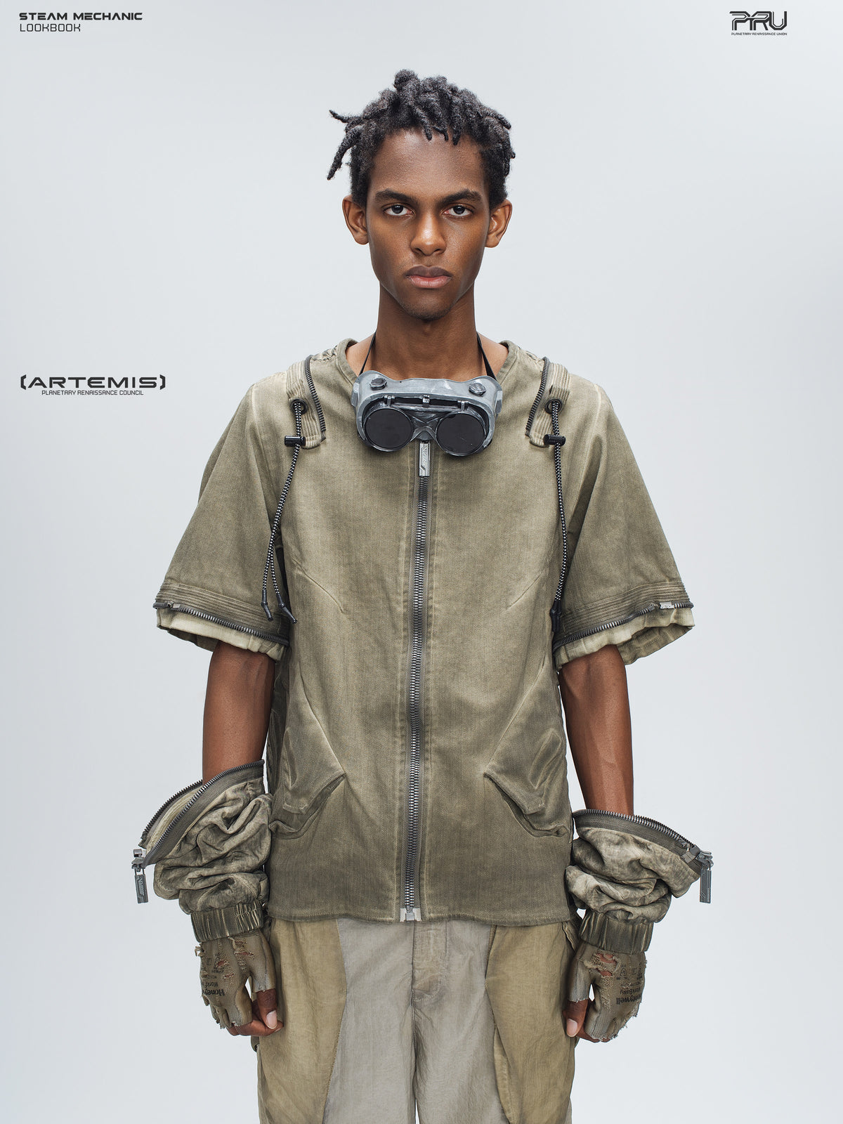 STEAM FUNCTION PIONEER mercury-brown detachable-sleeve jacket, front view with both lower sleeves unzipped