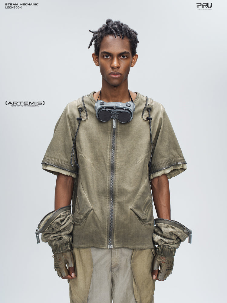 PIONEER mercury-brown detachable-sleeve jacket, front view with both lower sleeves unzipped