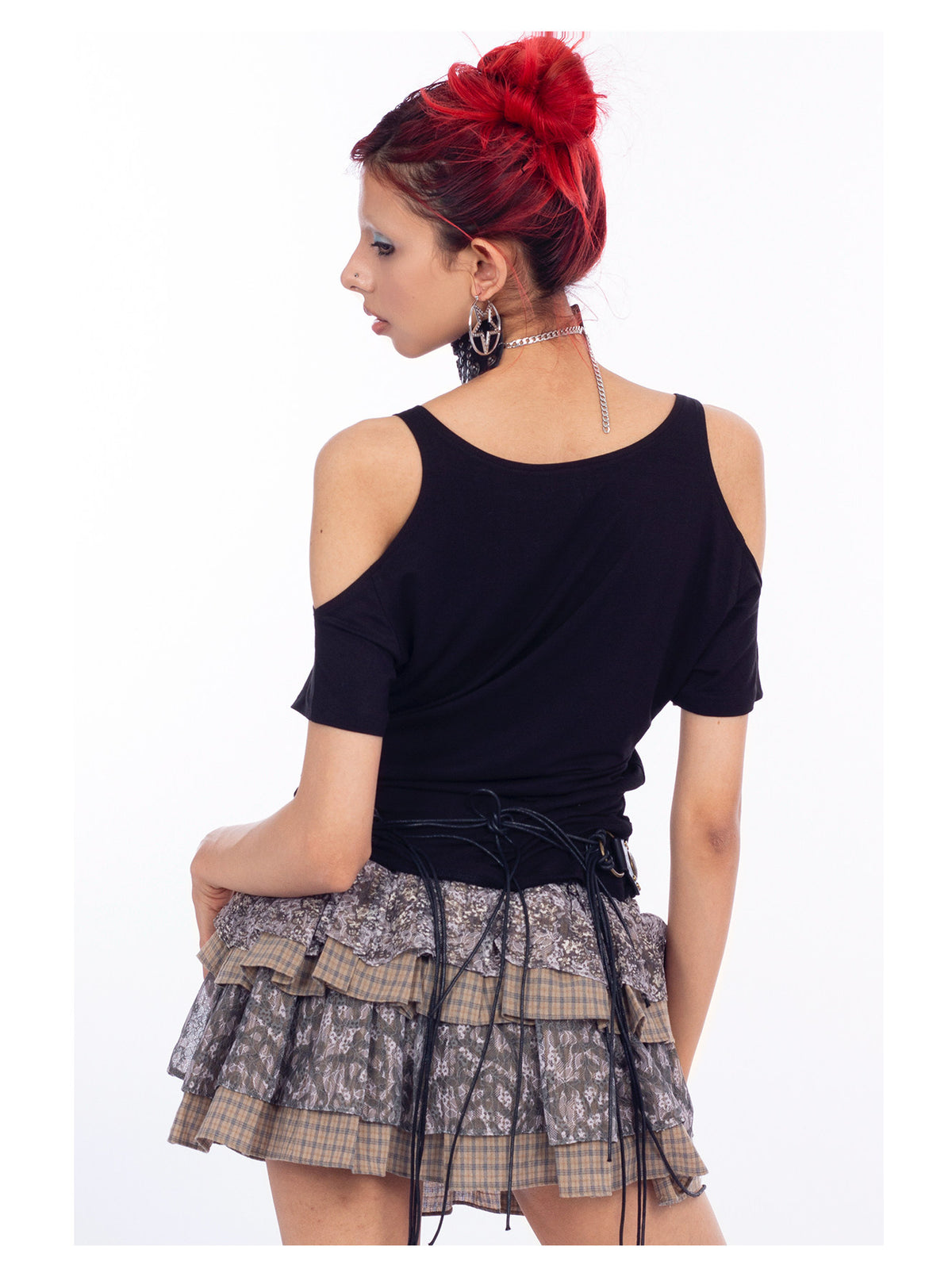 4RE1GN CROSS SCRIPT cold-shoulder tee in black — back modeled view showing the shoulder cutouts