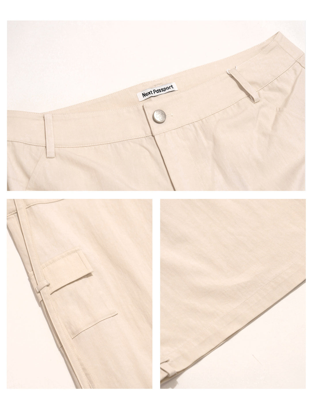 NEXT PASSPORT white drawstring multi-pocket cargo pants in white — garment detail collage showing waistband, pocket and fabric finish.