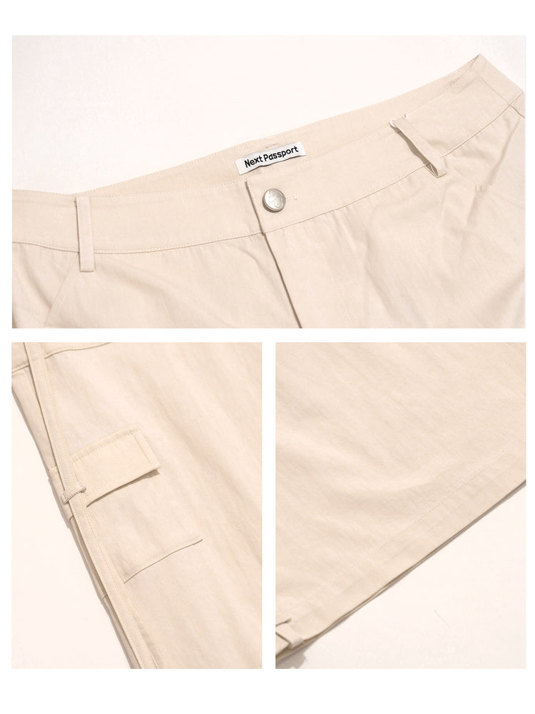 NEXT PASSPORT white drawstring multi-pocket cargo pants in white — garment detail collage showing waistband, pocket and fabric finish.