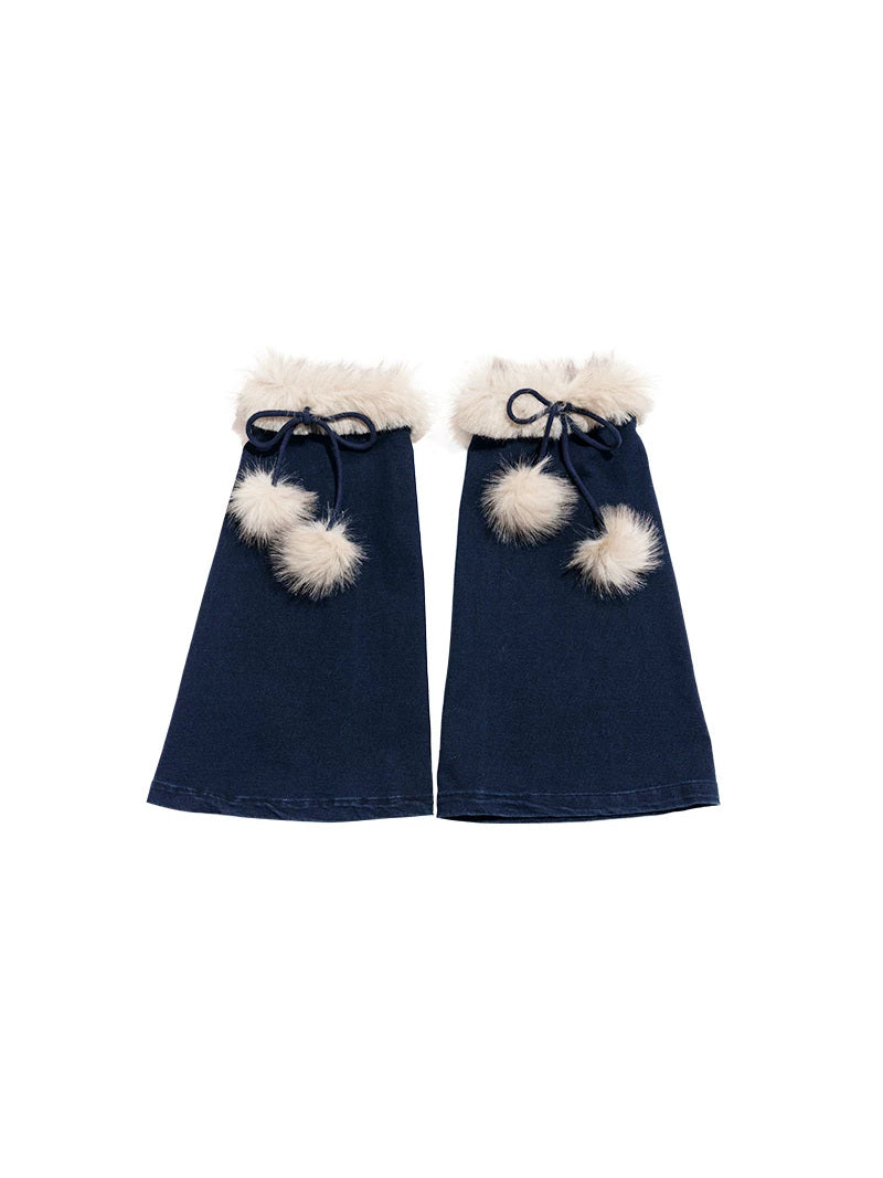 NEXT PASSPORT denim leg warmers isolated pair flat-lay.