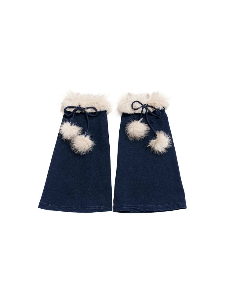 NEXT PASSPORT denim leg warmers isolated pair flat-lay.