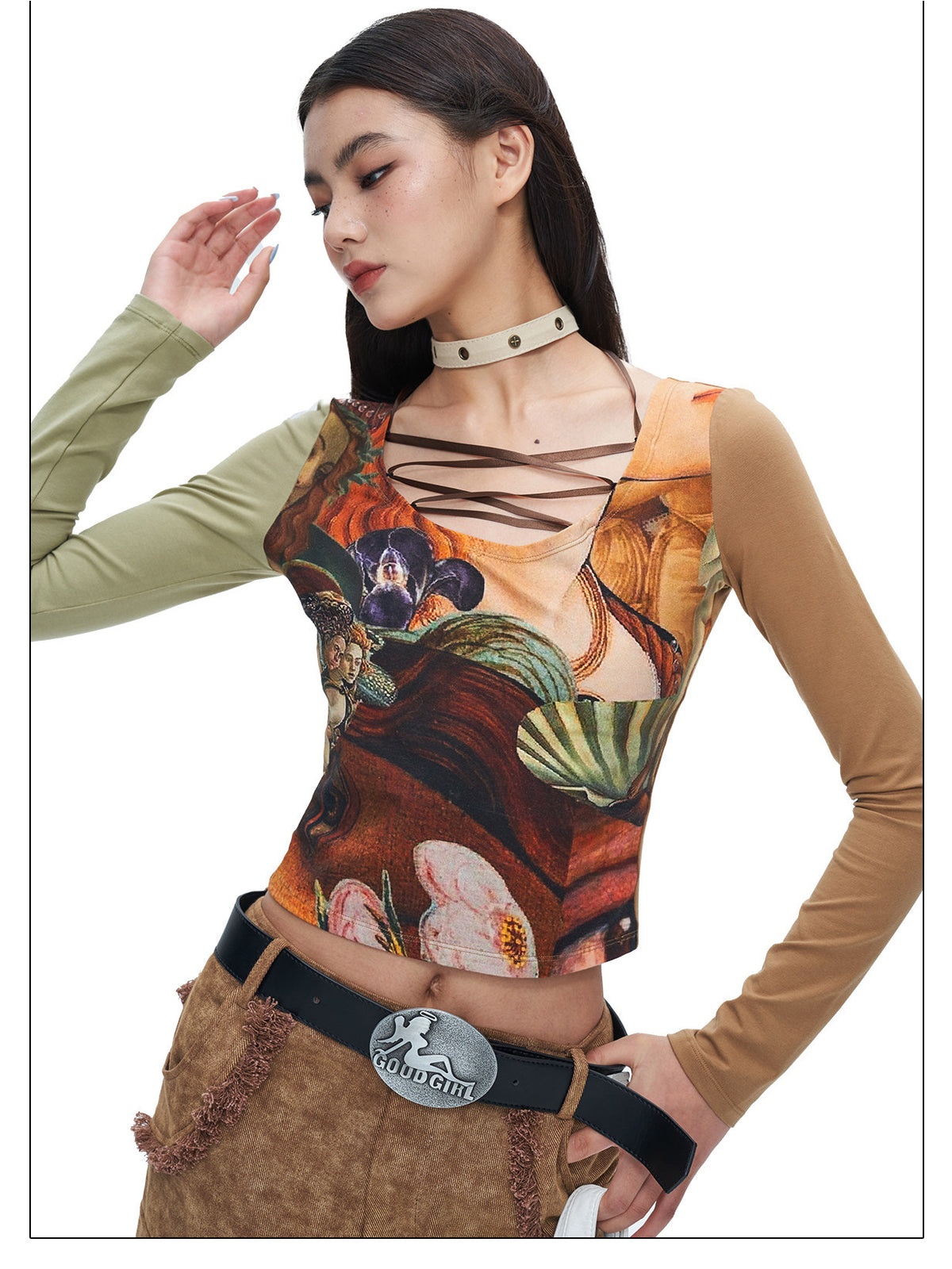 Front studio view of the Botticelli printed lace-up U-neck crop tee.