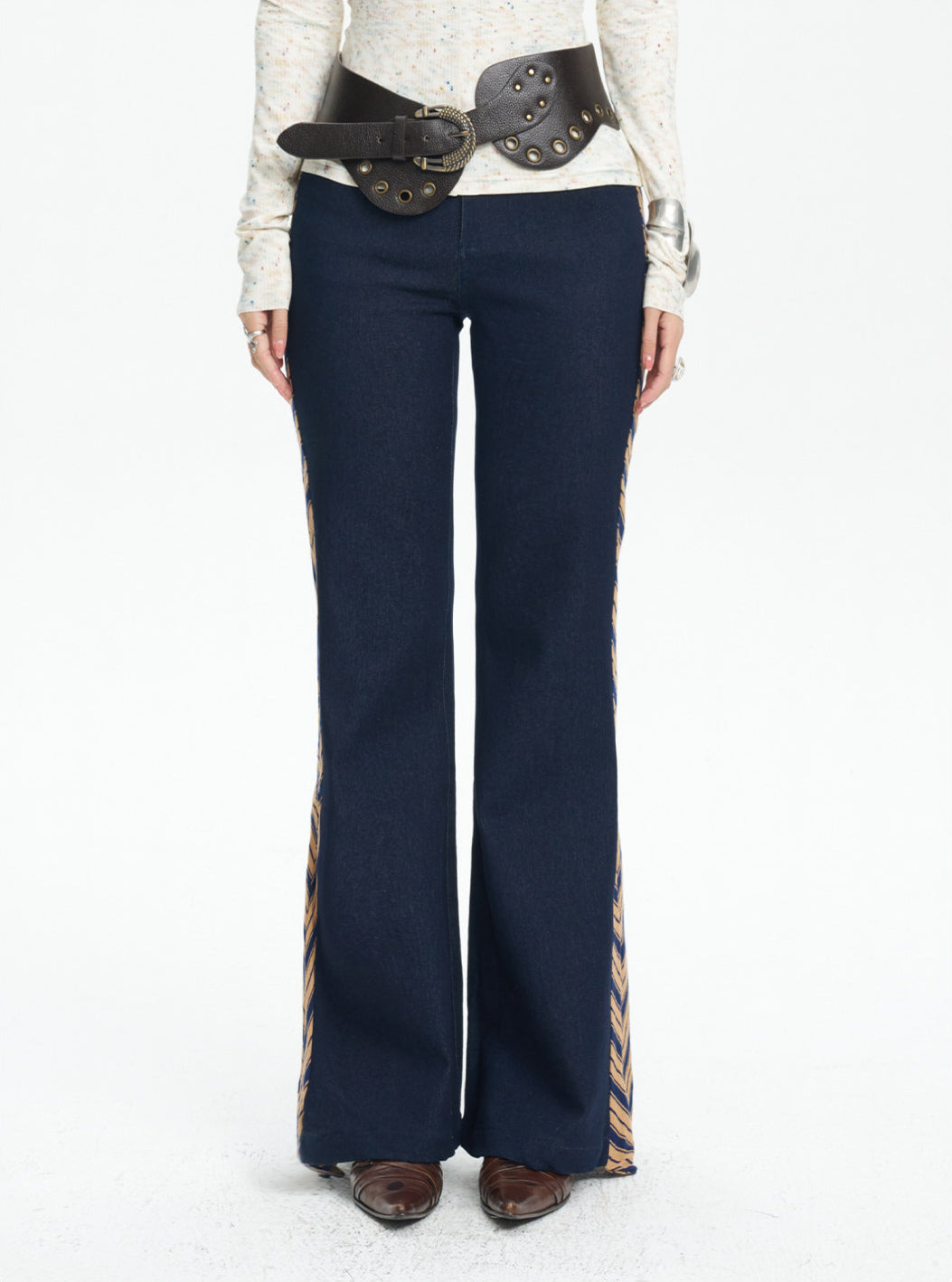 NEXT PASSPORT striped tie-panel flared pants in denim blue — front fit detail.