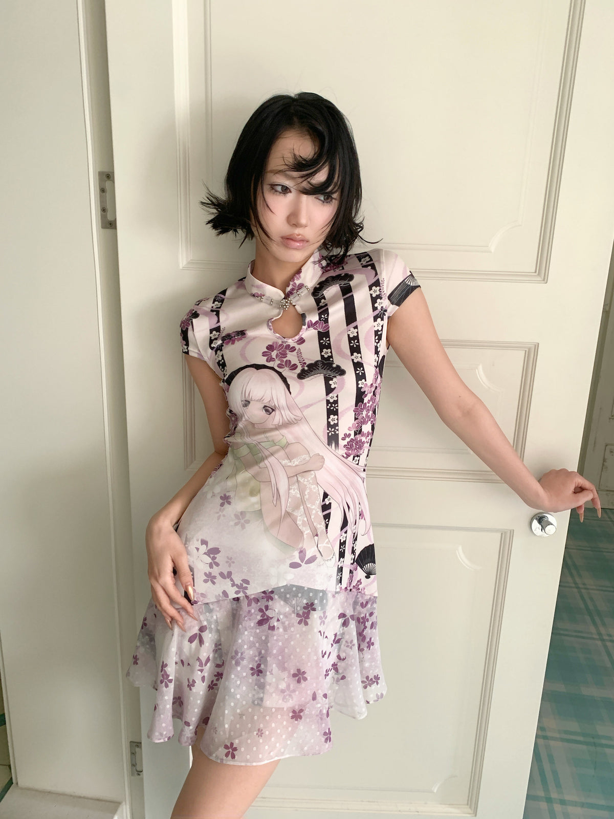 4RE1GN PURPLE MOOD mandarin-collar dress in multicolor — close front modeled view showing the fitted bodice