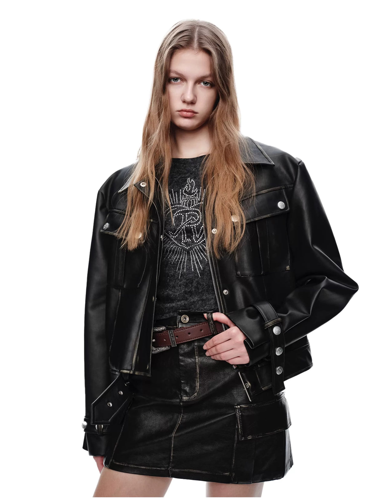 NEXT PASSPORT distressed black PU jacket and cargo-pocket mini skirt set, close modeled view