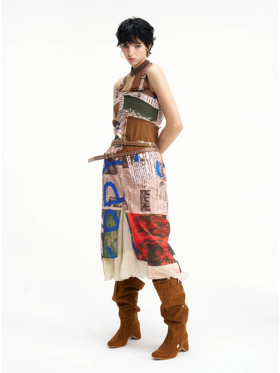 NEXT PASSPORT newspaper-print slit suspender dress — alternate side full-length view.