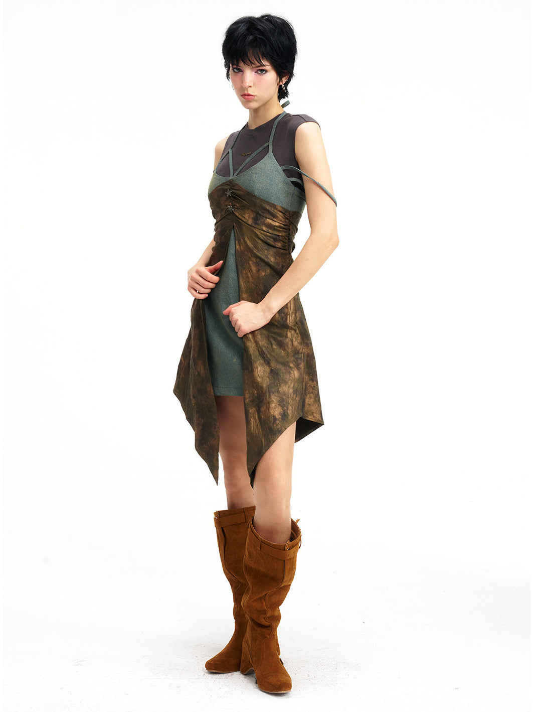 NEXT PASSPORT layered-waist camisole dress — side three-quarter full-length view.