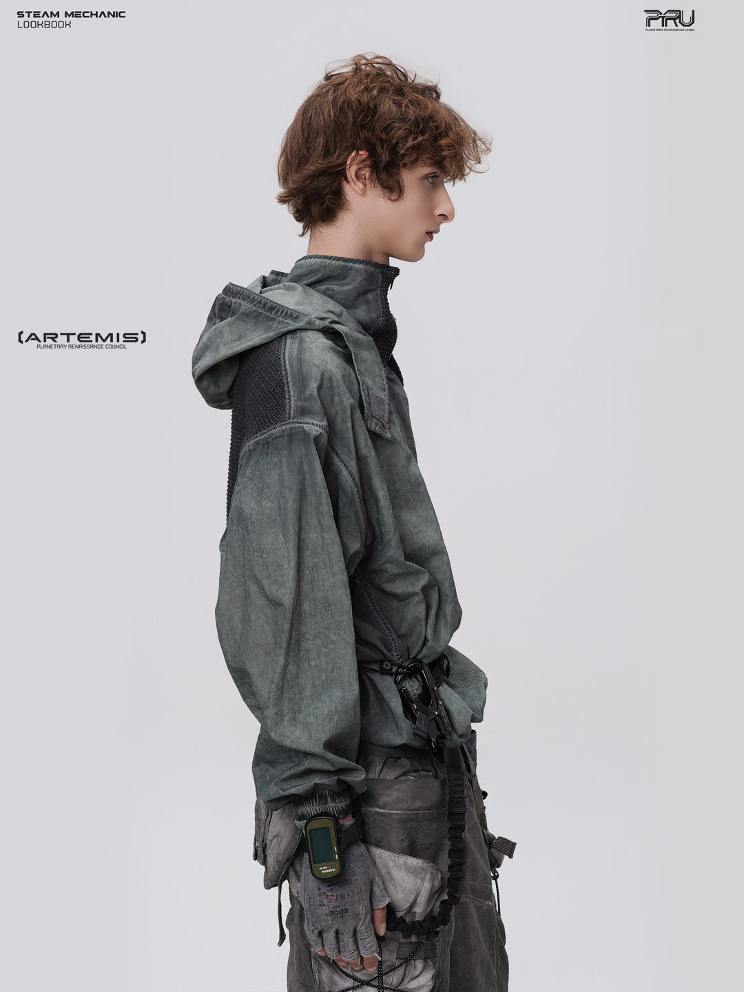 PIONEER detachable-hood mesh hoodie in moon shadow blue, right profile view of the hood and mesh shoulder