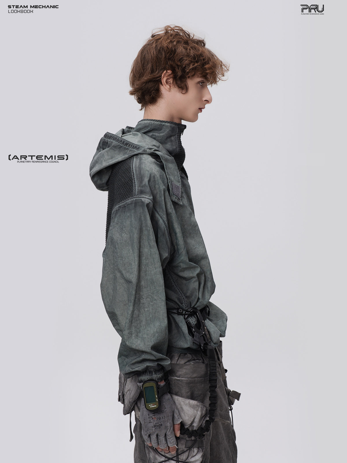 STEAM FUNCTION PIONEER moon-blue mesh hoodie, right profile view of the hood and mesh shoulder