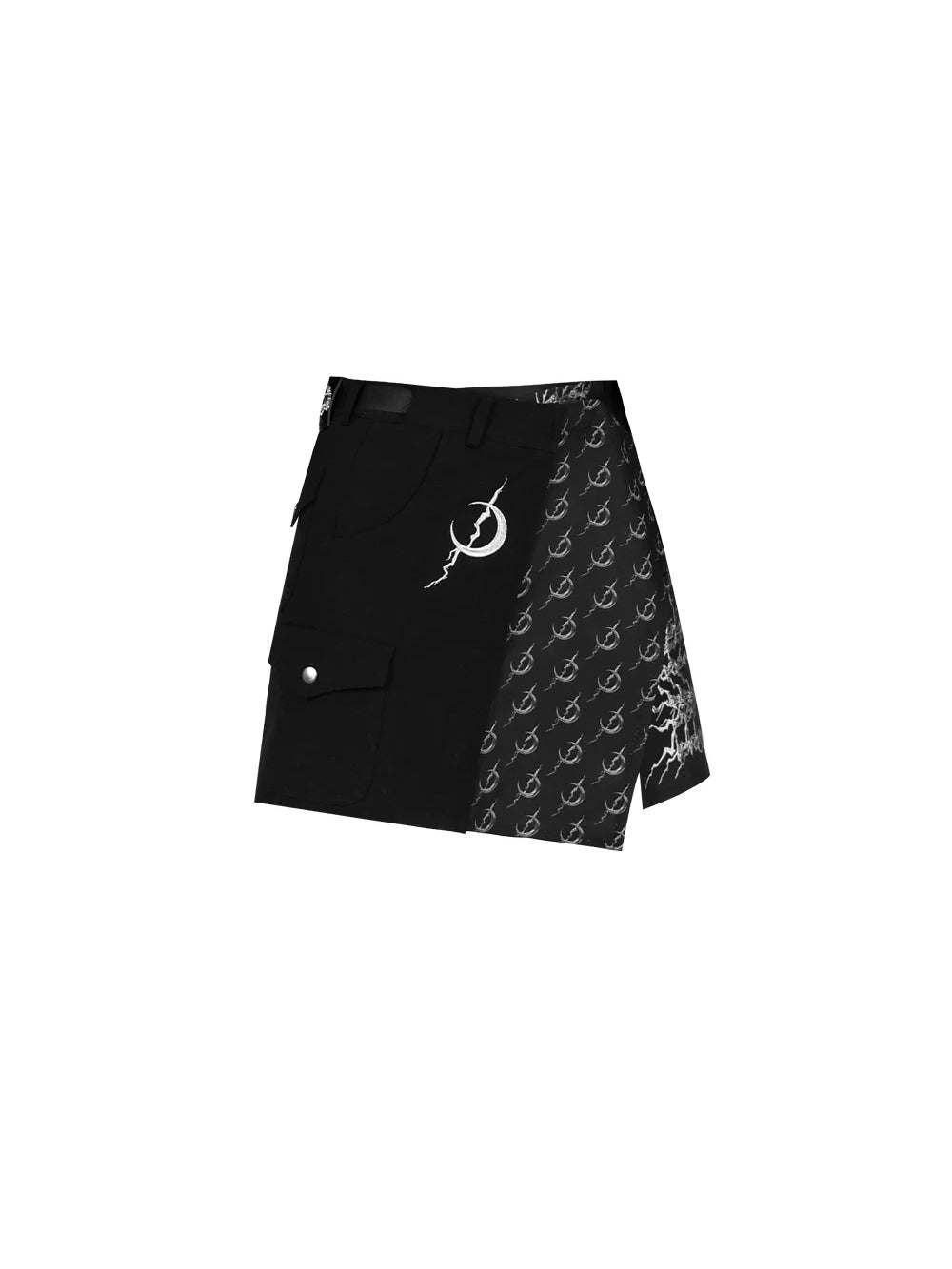 PINKSPINK ELECTRIC MOON convertible buckle mini skirt — black convertible buckle mini skirt with patterned panel, product-only view