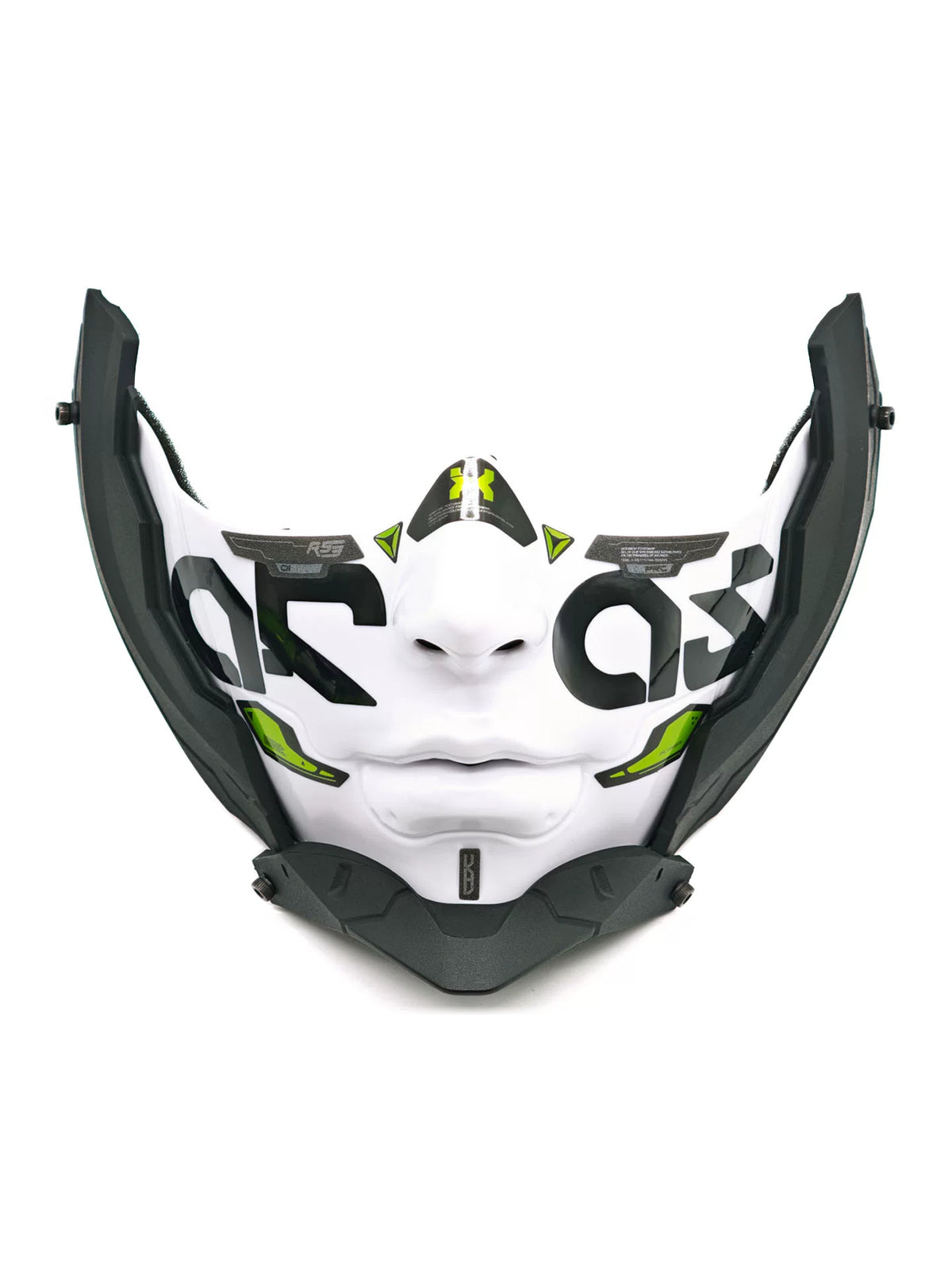 FOCKSHOP sharp-chin mask — off white 1b solo front view showing the sculpted face, frame and pointed chin.