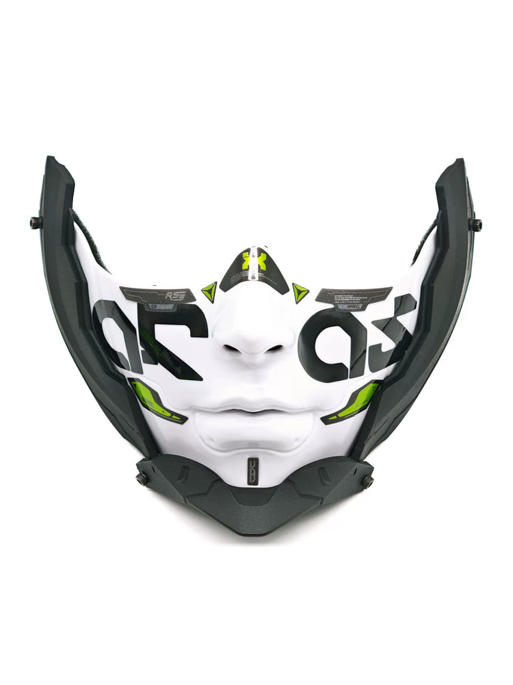 FOCKSHOP sharp-chin mask — off white 1b solo front view showing the sculpted face, frame and pointed chin.