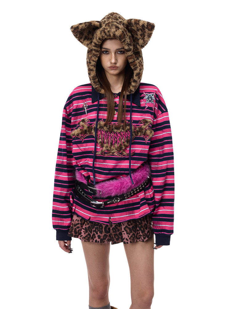PINKSPINK CAT ALIEN leopard-ear striped hoodie — front modeled view with the hood up and a mini skirt
