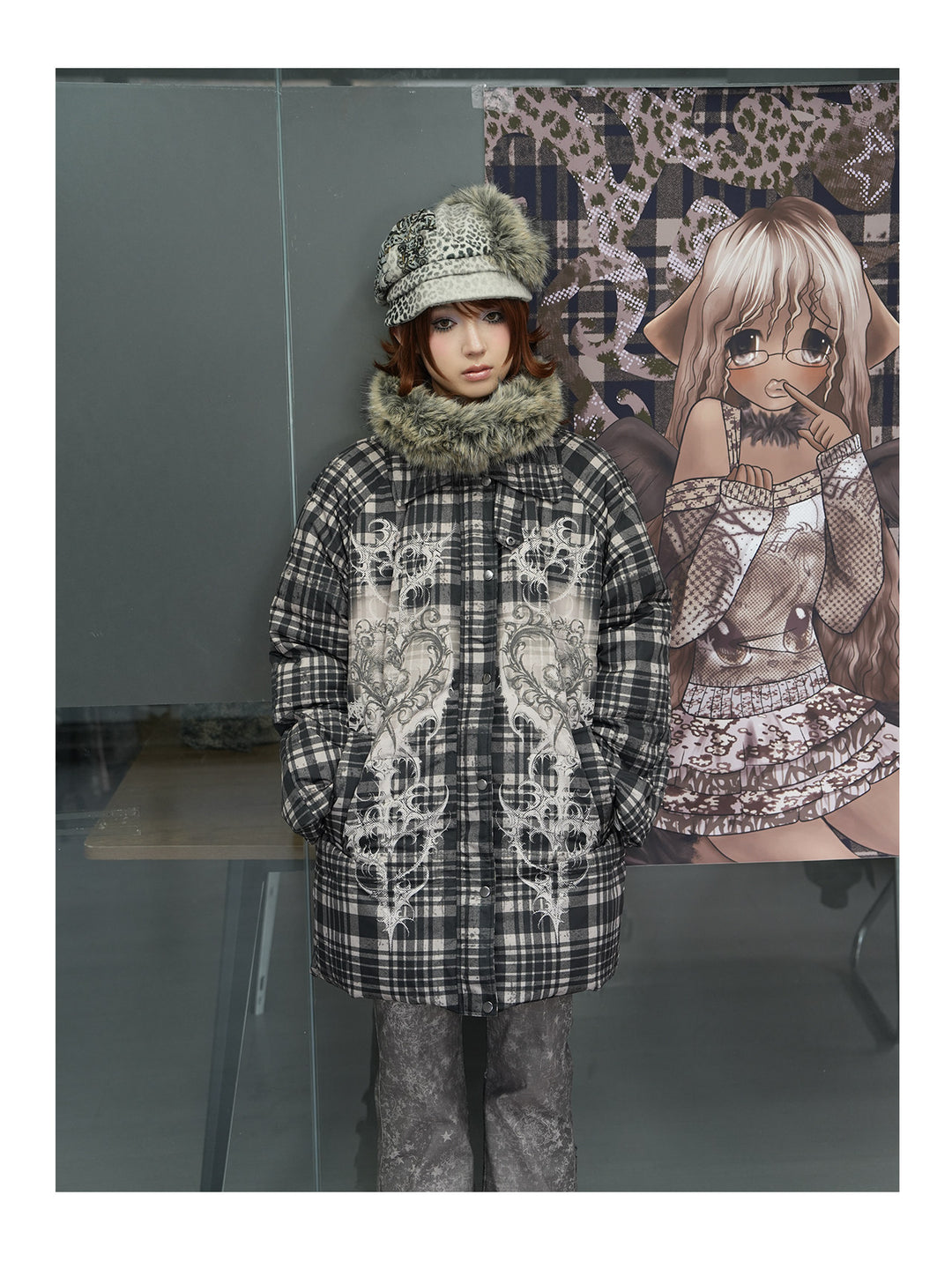 4RE1GN BEARHEART plaid long down coat in brown multicolor — close front modeled view beside an illustrated backdrop