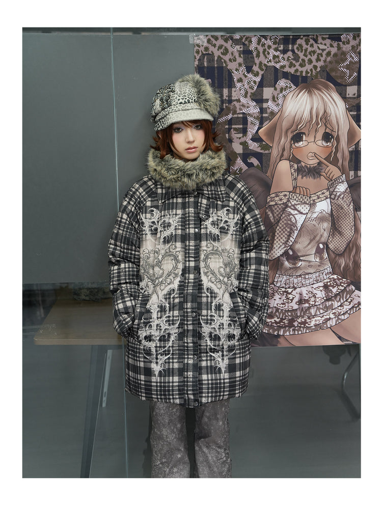 4RE1GN BEARHEART plaid long down coat in brown multicolor — close front modeled view beside an illustrated backdrop