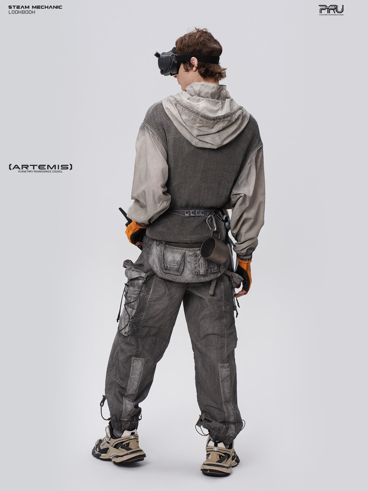 PIONEER meteorite-gray mesh hoodie, full-body rear three-quarter view