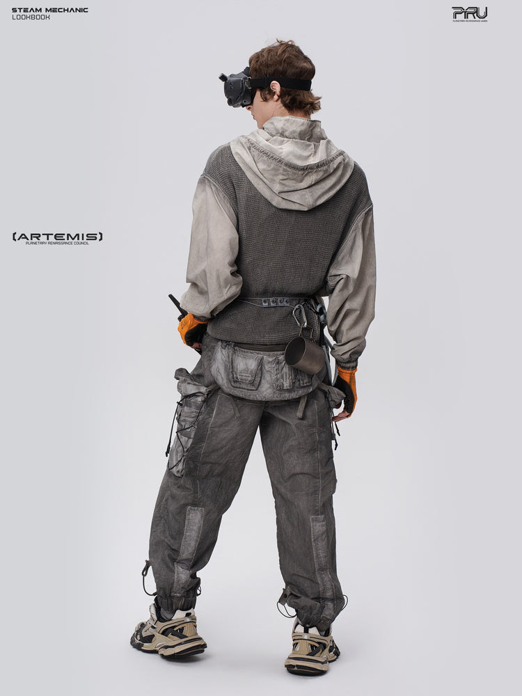 PIONEER meteorite-gray mesh hoodie, full-body rear three-quarter view