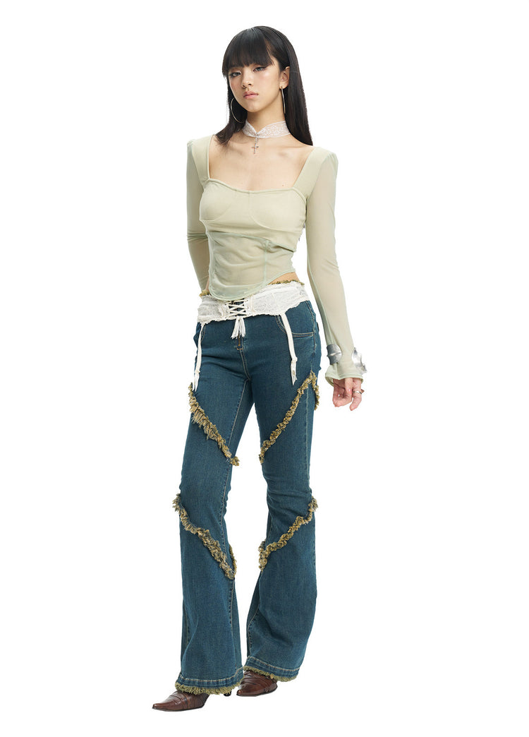 NEXT PASSPORT deep-blue frayed-hem slim flare jeans in denim blue — front-angled modeled view.