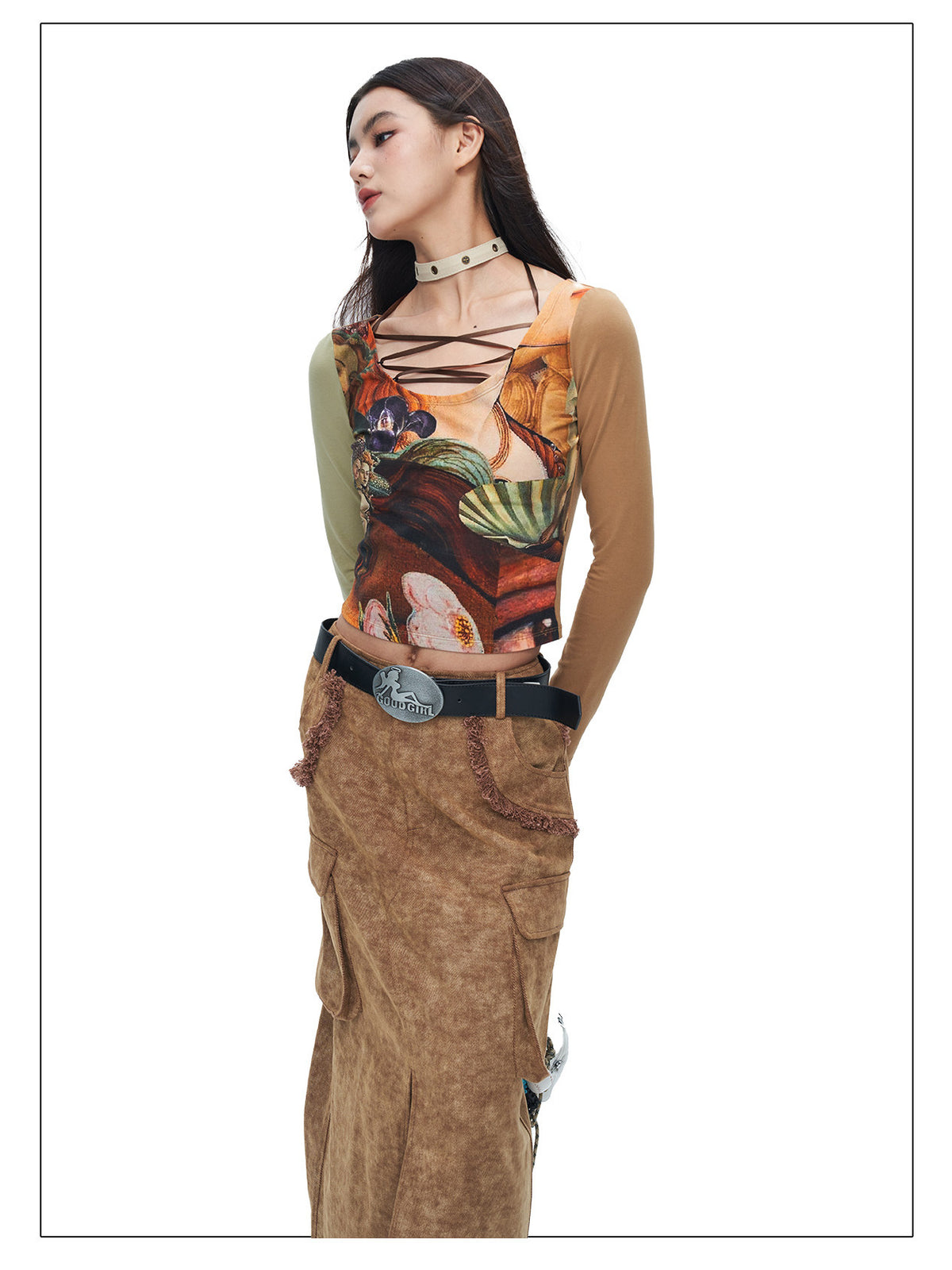 Side view of NEXT PASSPORT brown raw-edge slit denim maxi skirt