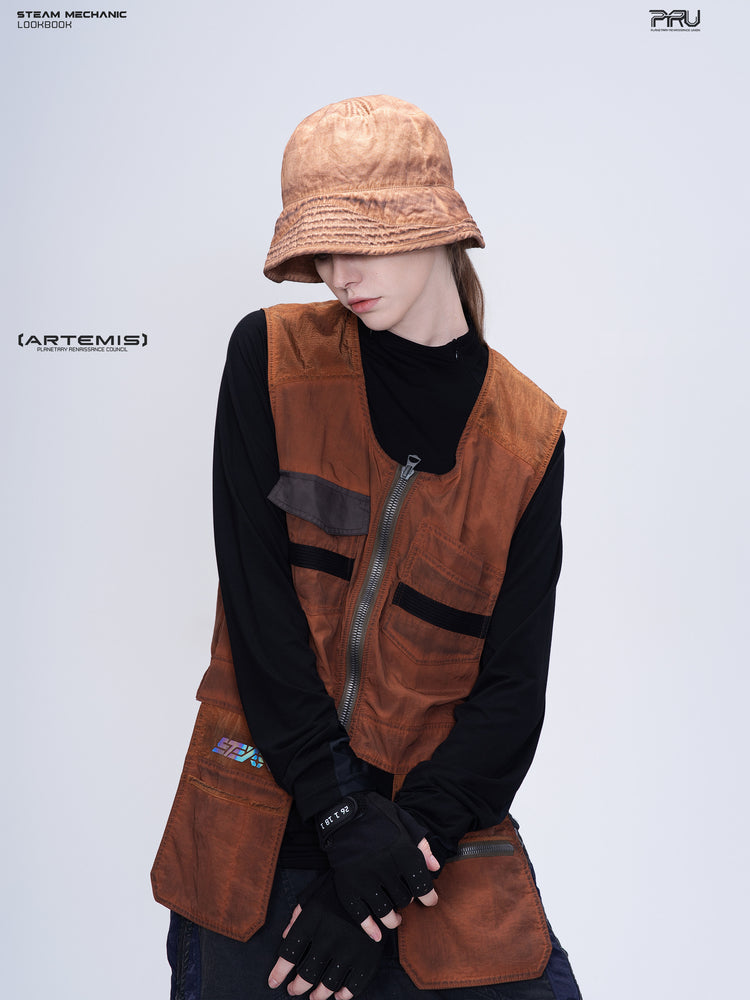 PIONEER sedna-red multi-pocket vest, leaning modeled pose with hands clasped