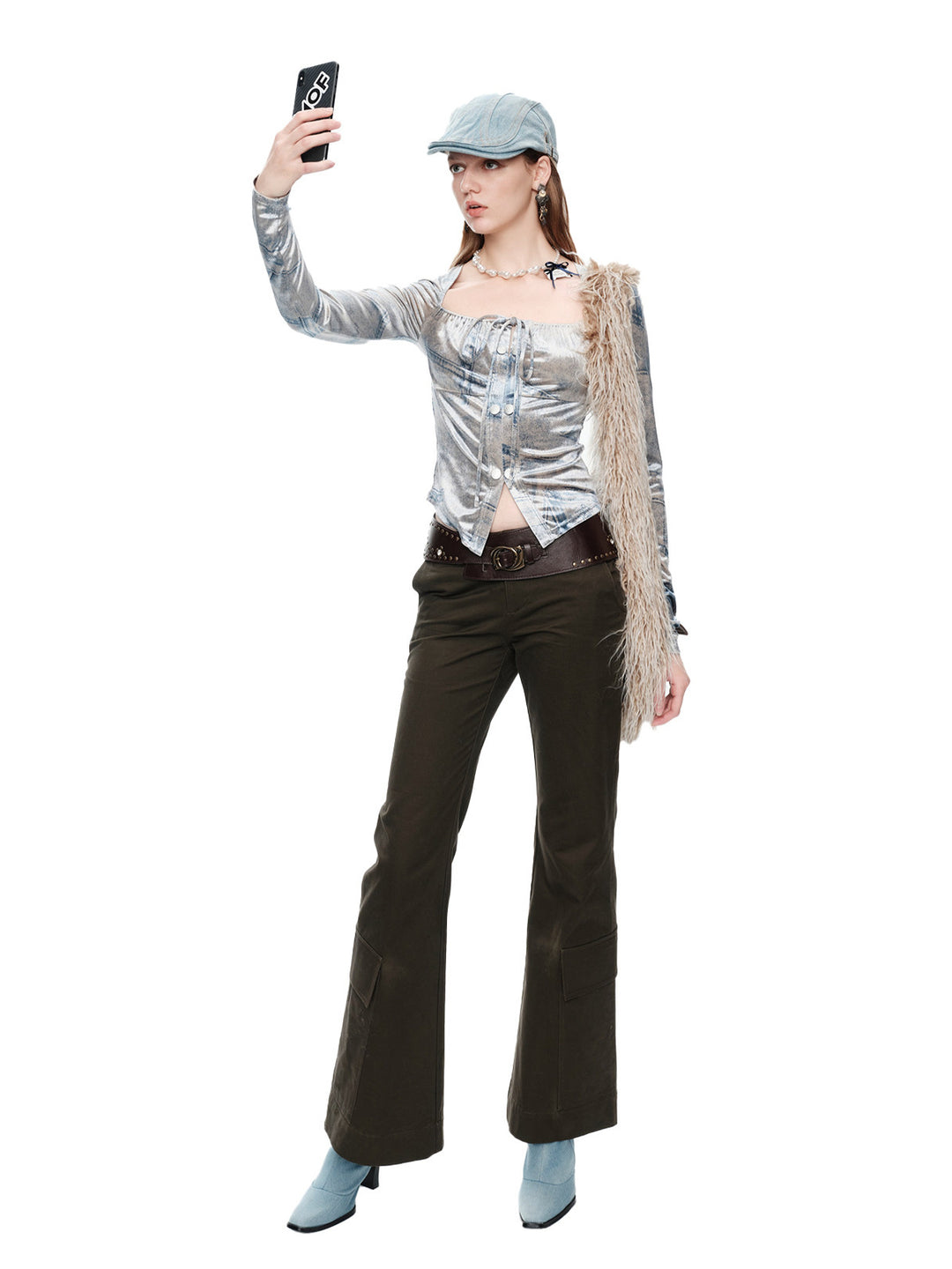 NEXT PASSPORT faux-denim velvet top with dark trousers