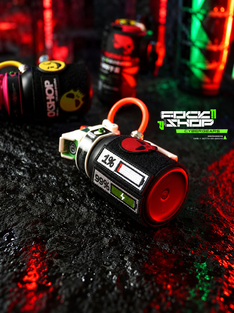 FOCKSHOP IBUPROFEN illuminated canister prop — white-cap canister with removable battery-graphic patches under red light