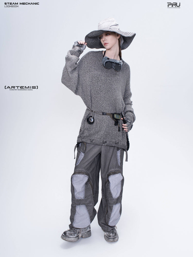 ARTEMIS distressed reversible knit sweater, moon dust gray, full angled front view