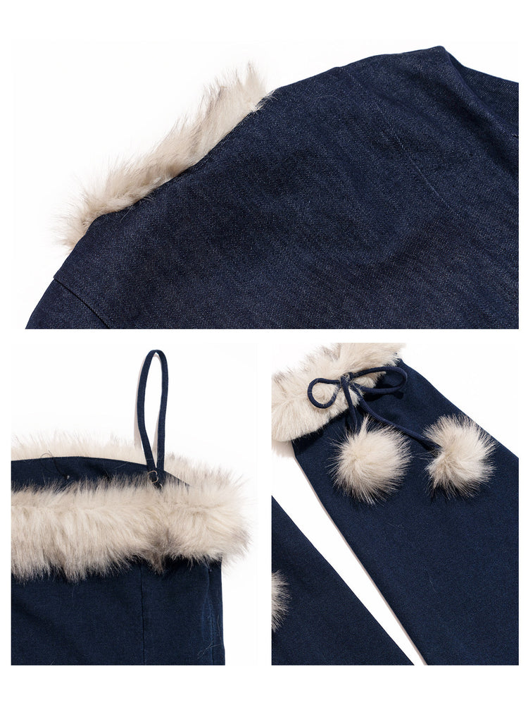 NEXT PASSPORT denim faux-fur cardigan faux-fur and denim details.