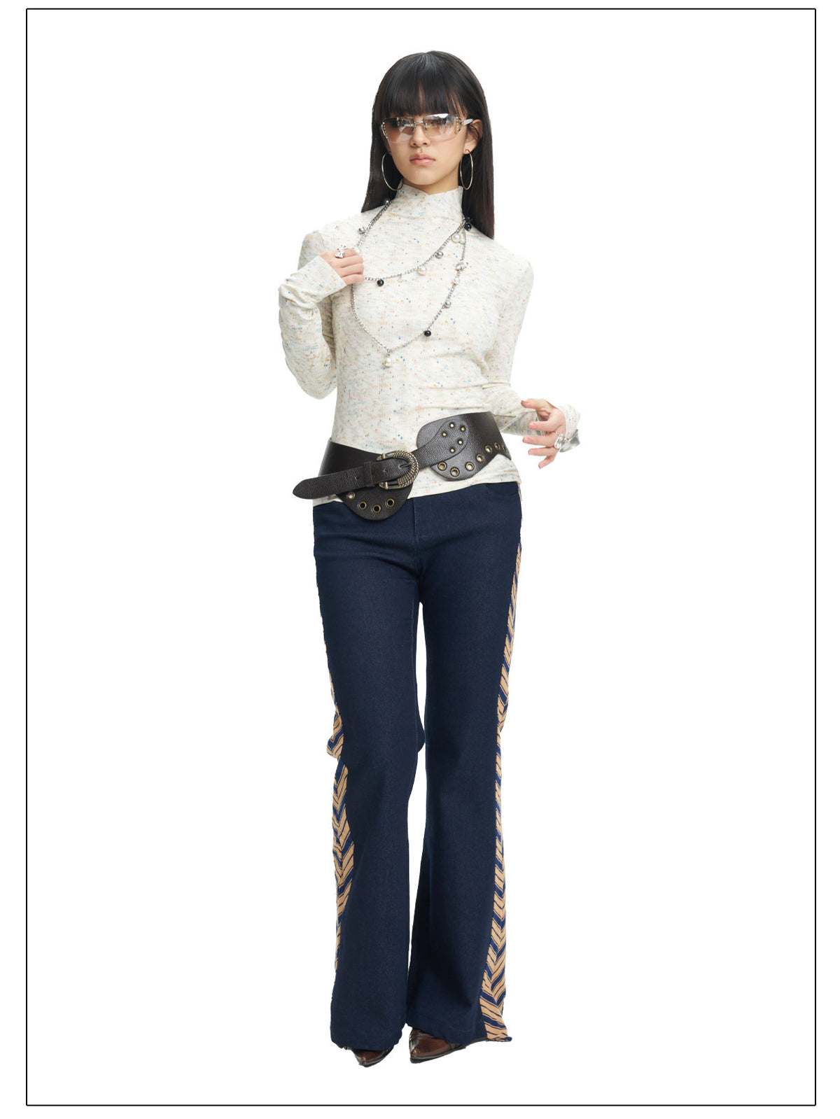 NEXT PASSPORT ivory fitted mock-neck long-sleeve tee close front styling view.