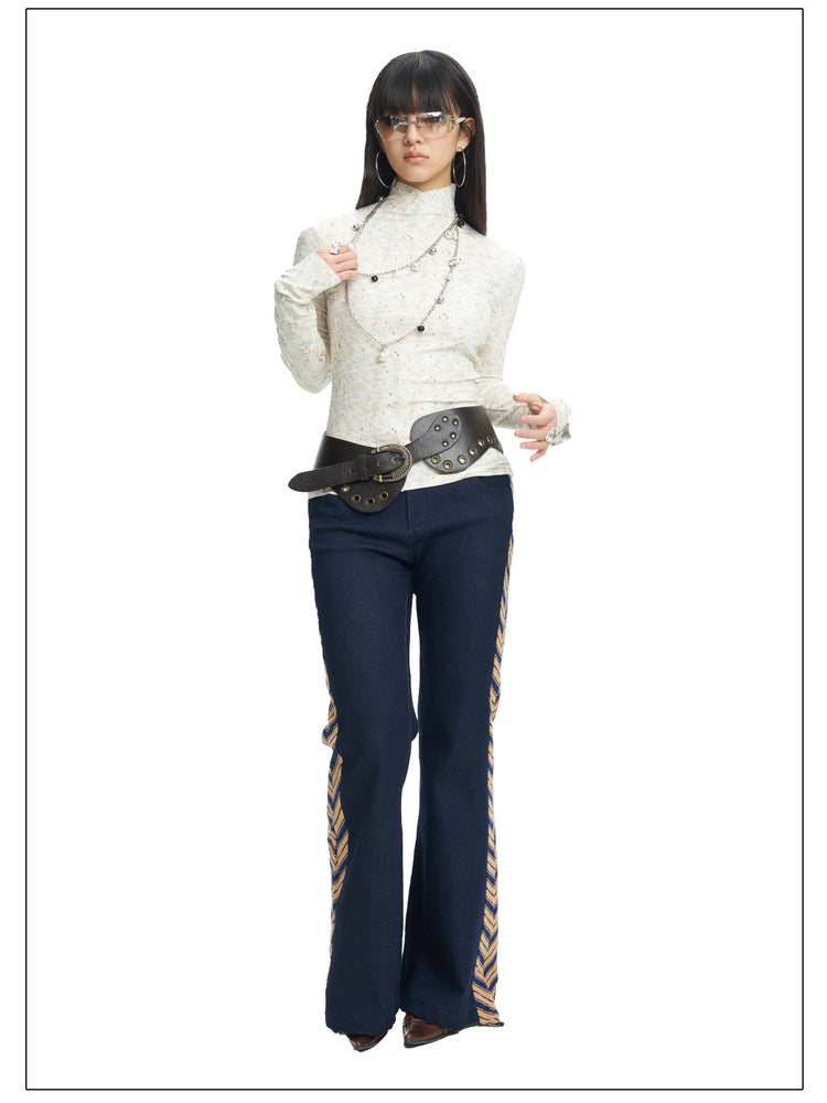 NEXT PASSPORT ivory fitted mock-neck long-sleeve tee close front styling view.