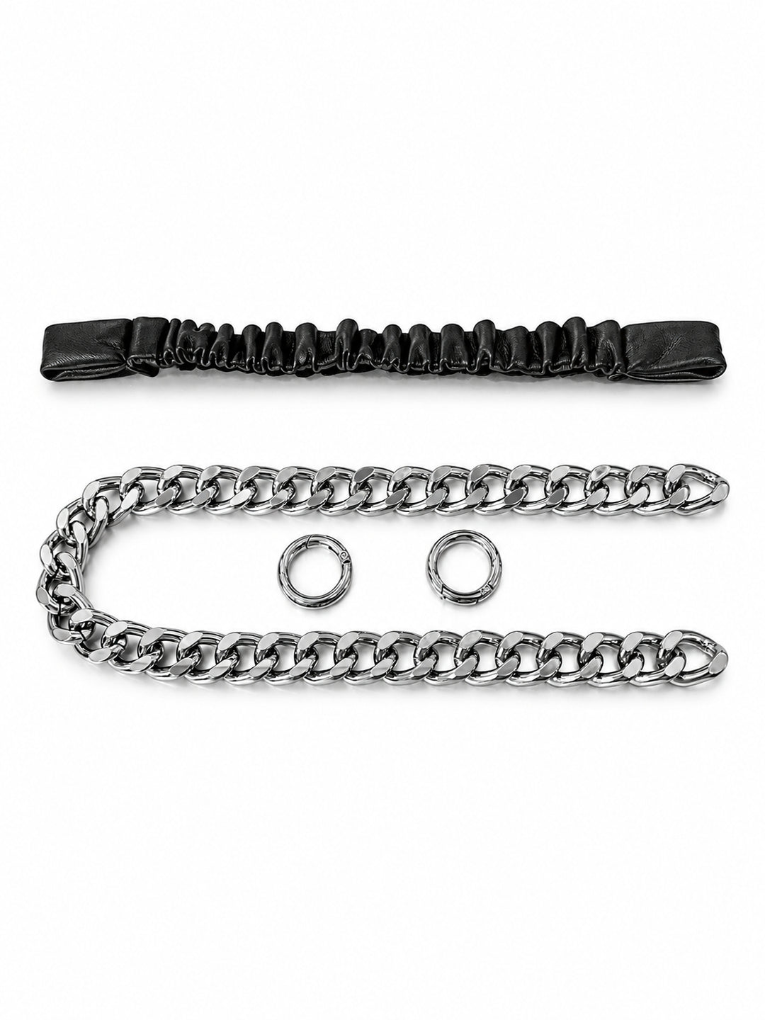 WRAVEN black gathered strap, detachable silver-tone curb chain and two round connectors on white.