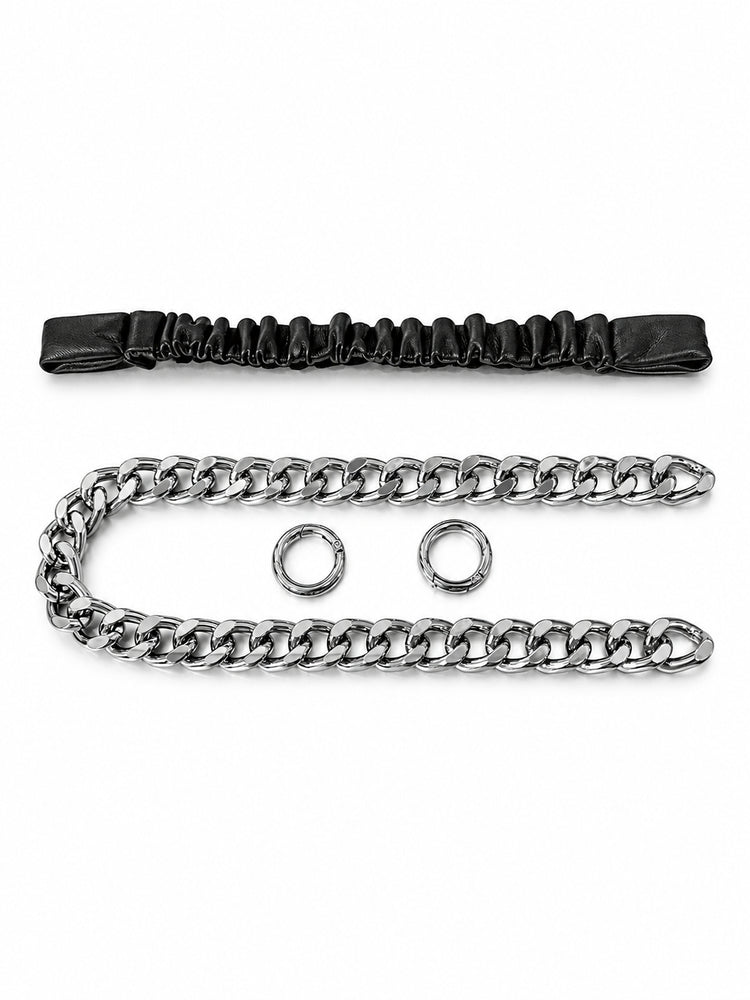 WRAVEN black gathered strap, detachable silver-tone curb chain and two round connectors on white.