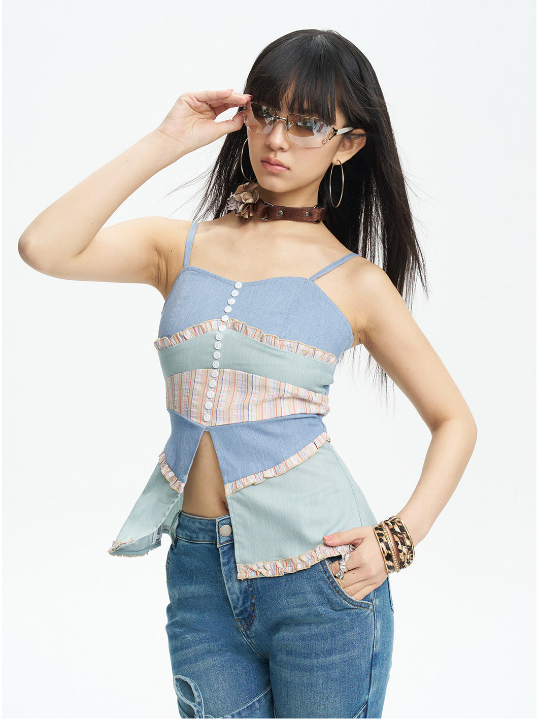 NEXT PASSPORT color-block button-front fishtail camisole blue angled look