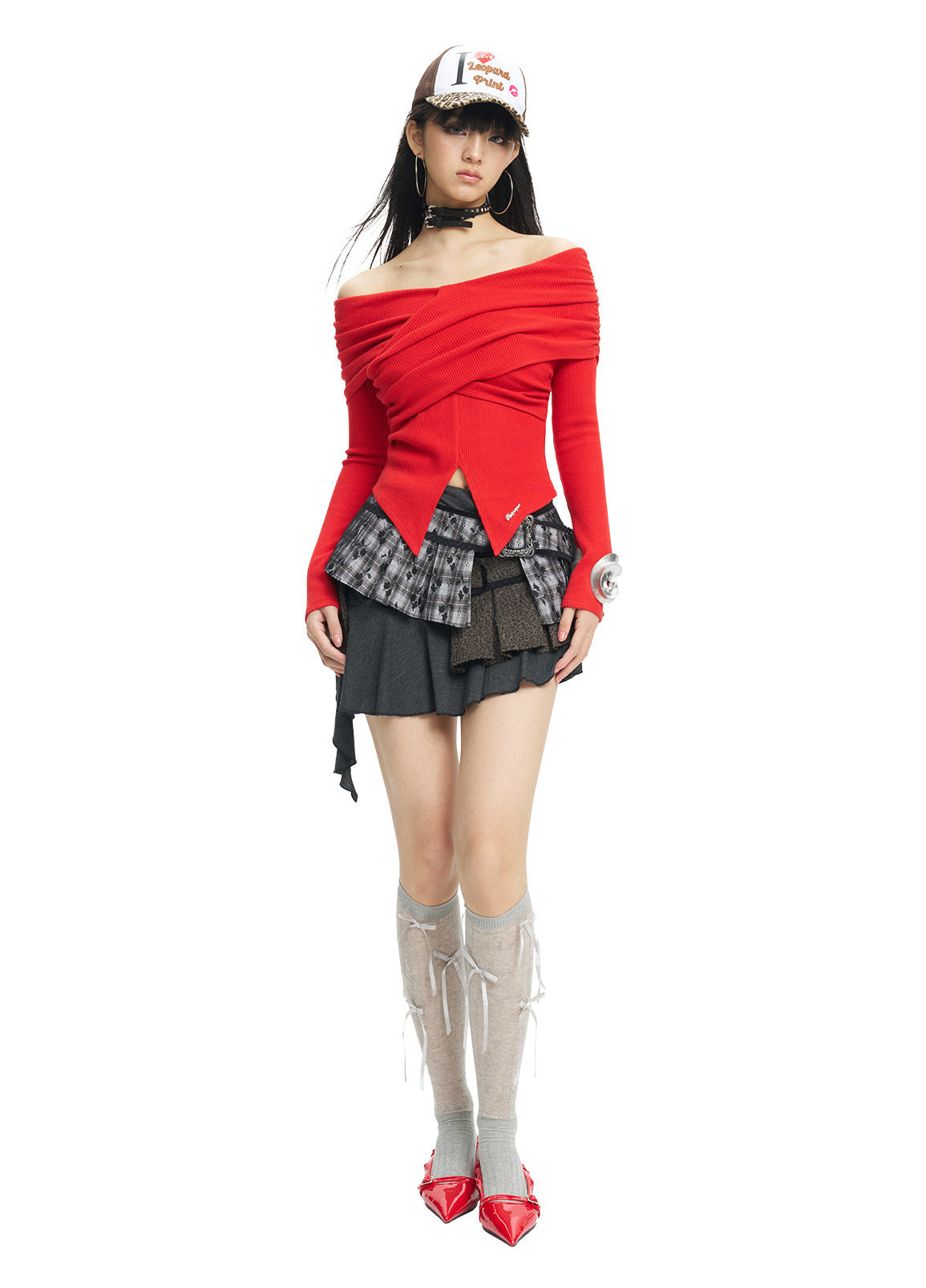 NEXT PASSPORT red cross-pleated off-shoulder long-sleeve top alternate front view