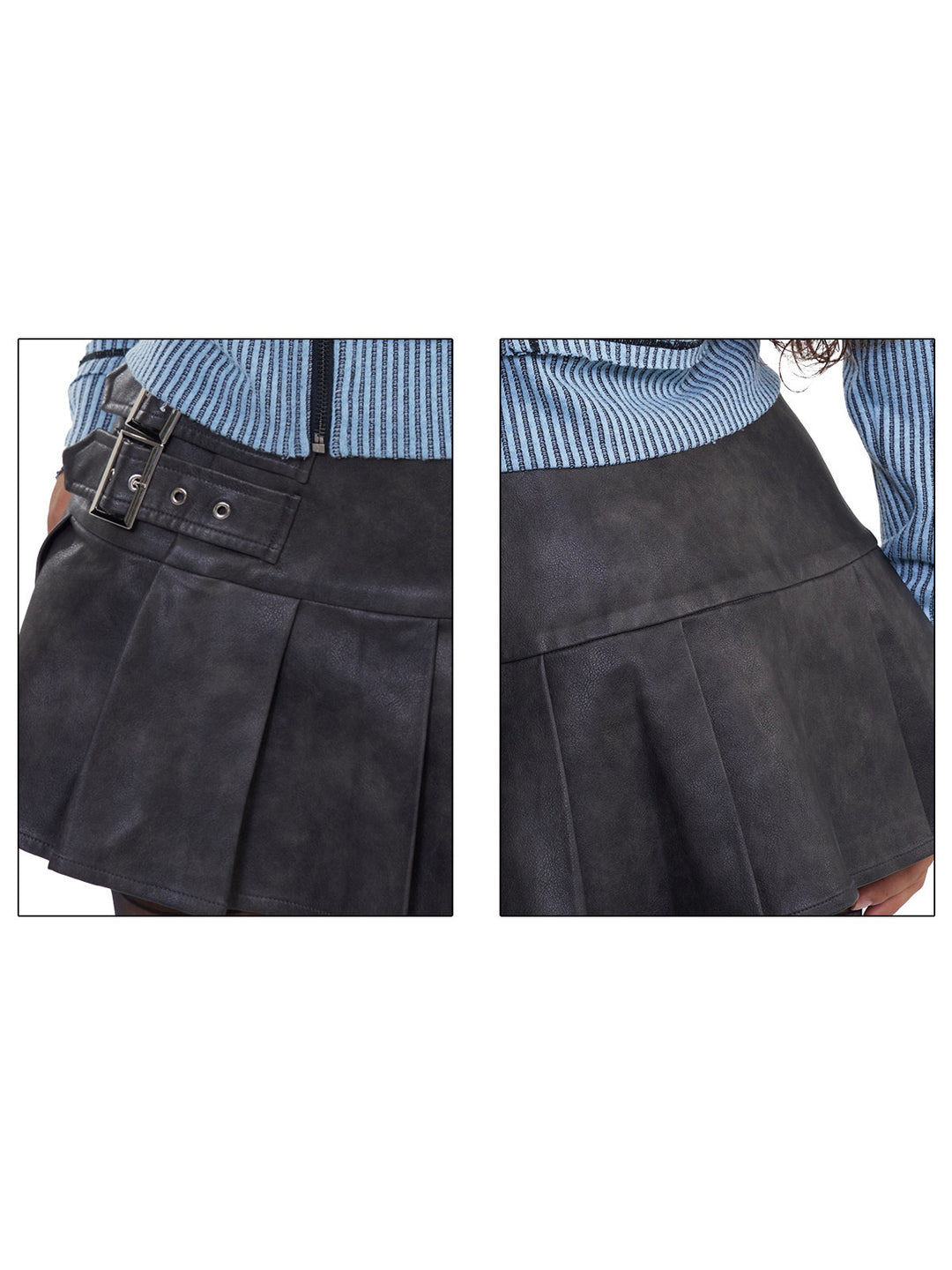 NEXT PASSPORT gray-brown double-belt pleated PU mini skirt, front and back texture details