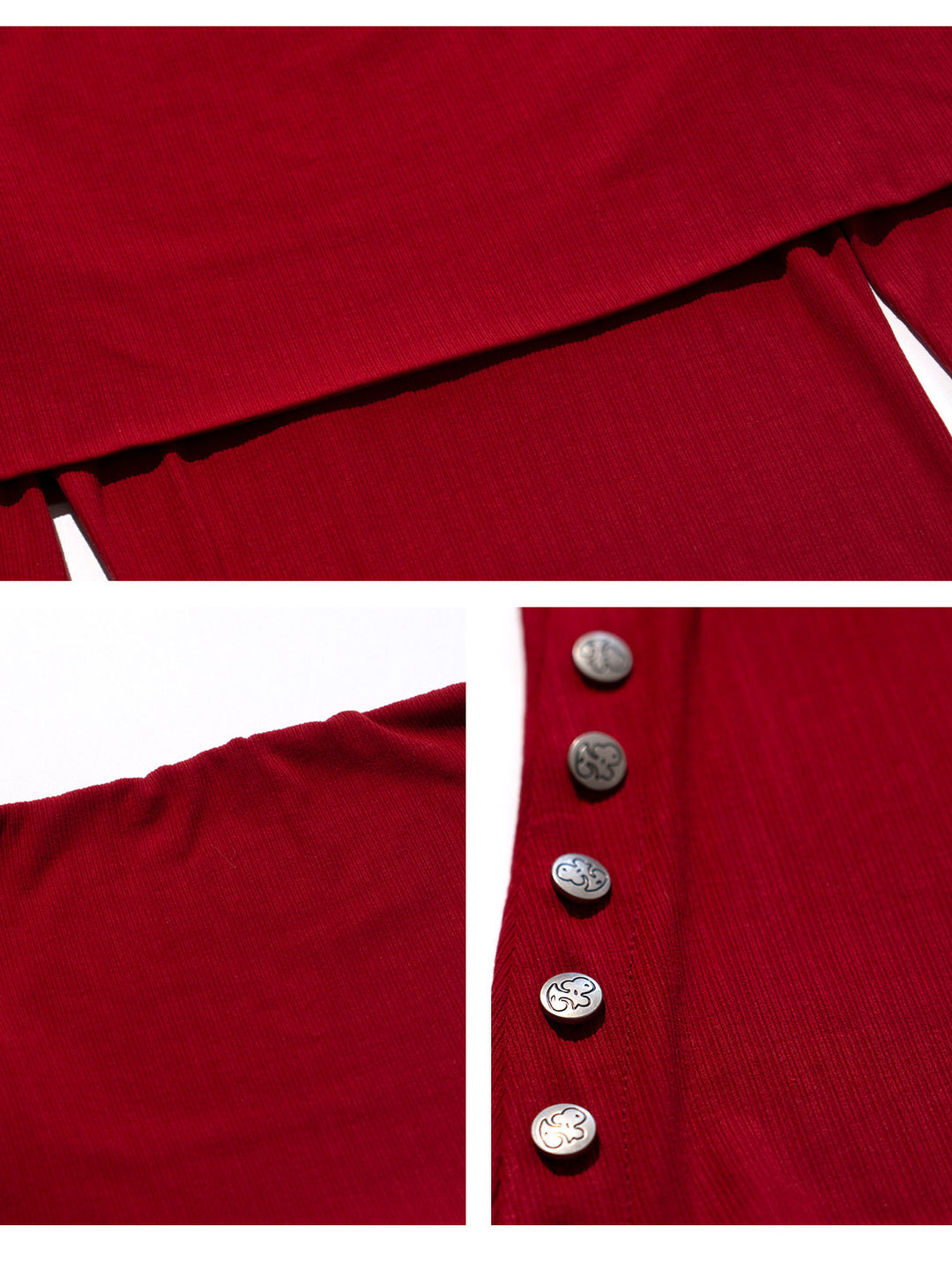 NEXT PASSPORT striped bardot side-slit fitted long-sleeve tee in RED, side slit and button details