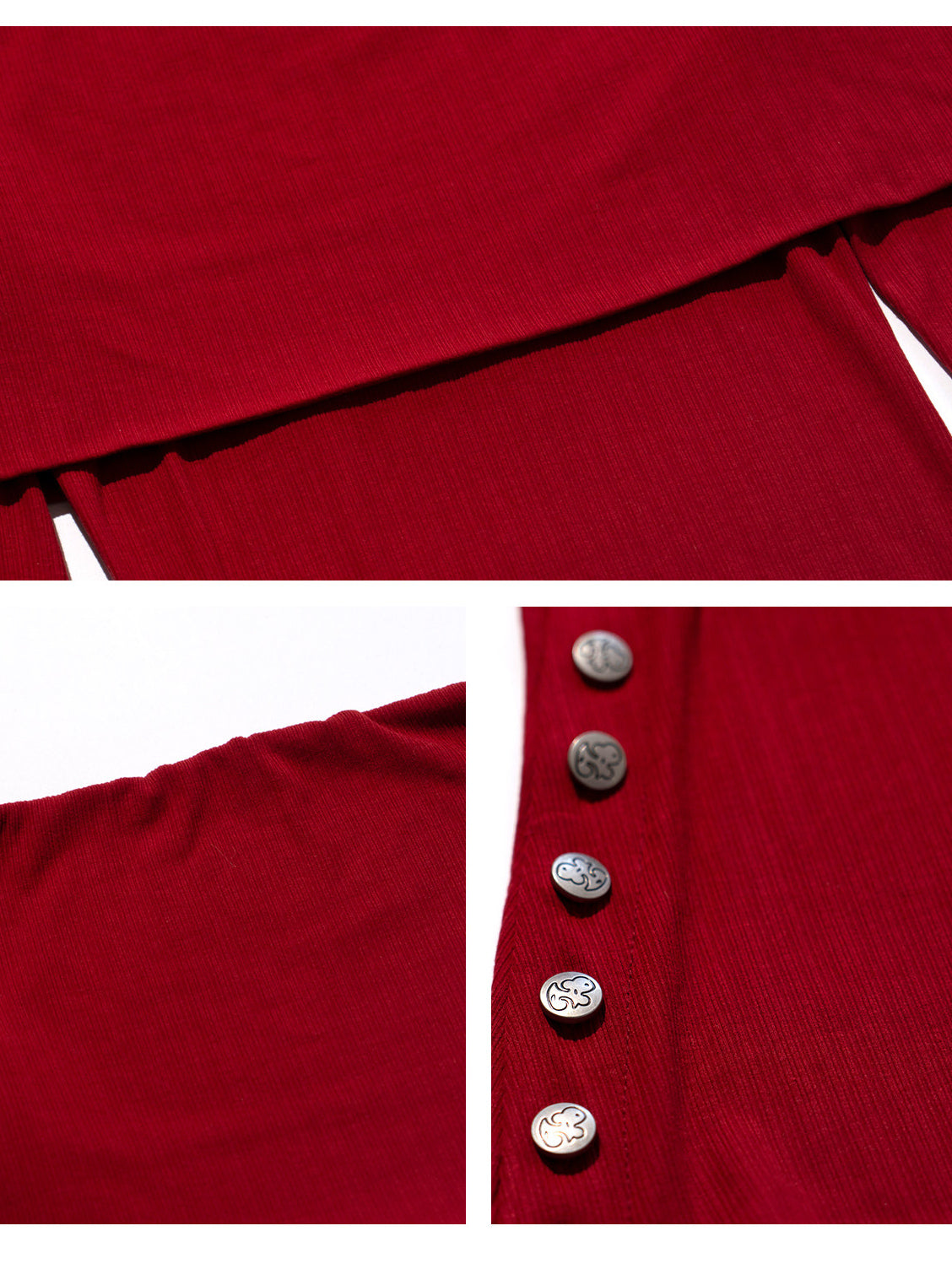 NEXT PASSPORT striped bardot side-slit fitted long-sleeve tee in RED, side slit and button details