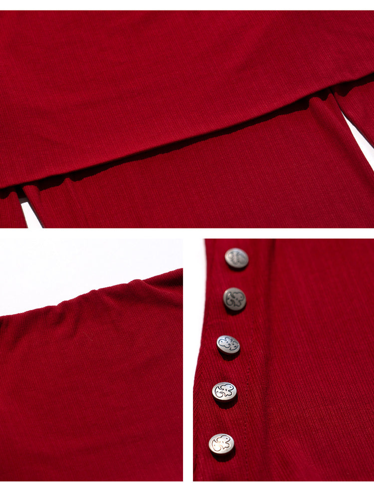 NEXT PASSPORT striped bardot side-slit fitted long-sleeve tee in RED, side slit and button details