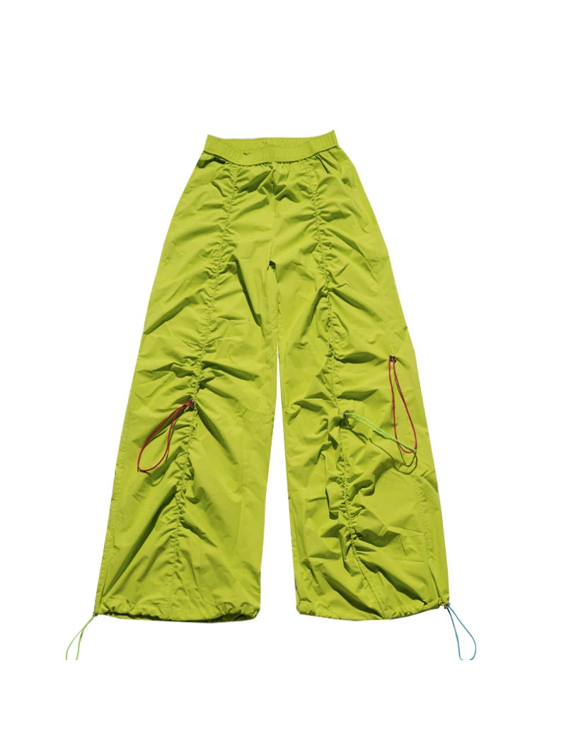 NEXT PASSPORT three-color ruched drawstring wide-leg pants in green, solo flat lay