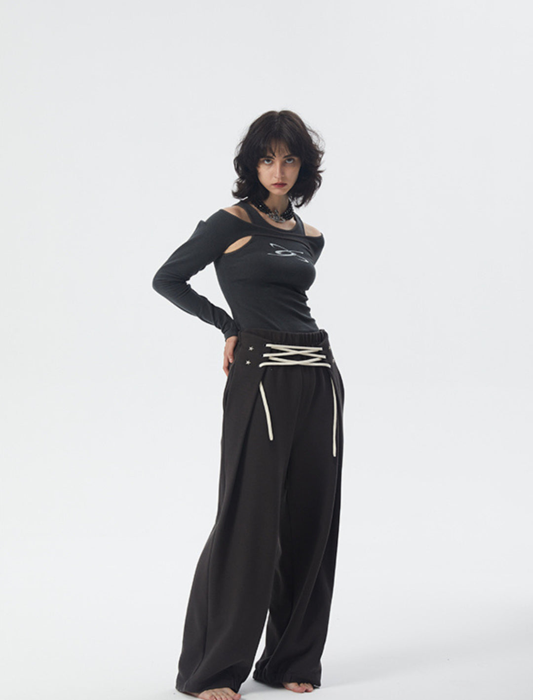 ERRORCODE ROBOT dark gray off-shoulder long-sleeve tee, full-length front studio view