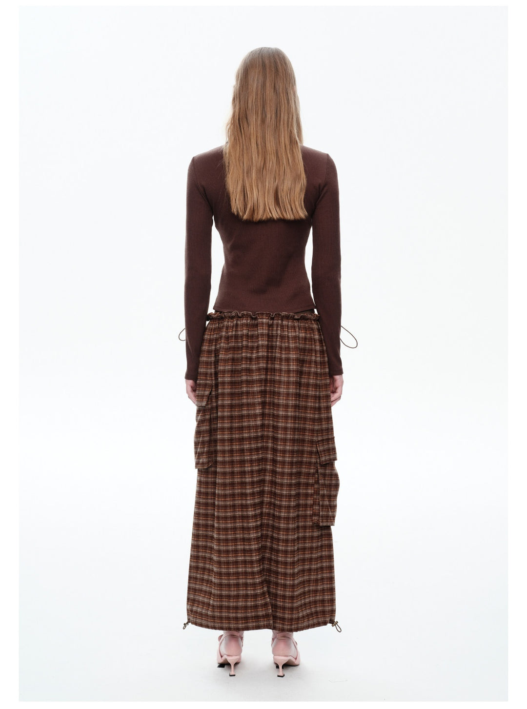 NEXT PASSPORT brown plaid faux-layered maxi skirt back view